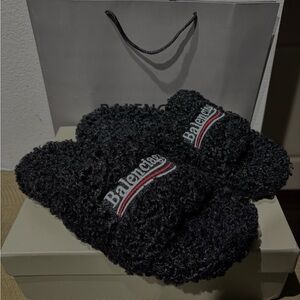 Balenciaga Black Faux Shearling Slide with White and Red Logo Stripe